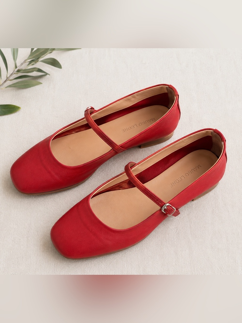 Mauro Leone Handmade Red Leather Mary Jane Ballet Flats Made in Italy EU 37